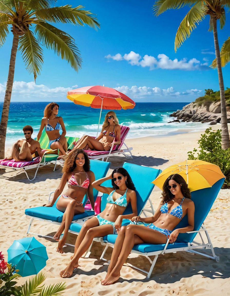 A vibrant beach scene with diverse models showcasing the latest bikini styles and beach fashion, featuring bright colors and playful patterns. Include elements like lounge chairs, umbrellas, and a shimmering ocean in the background. Capture the essence of summer with sunny skies and a lively atmosphere. super-realistic. vibrant colors. beach setting.